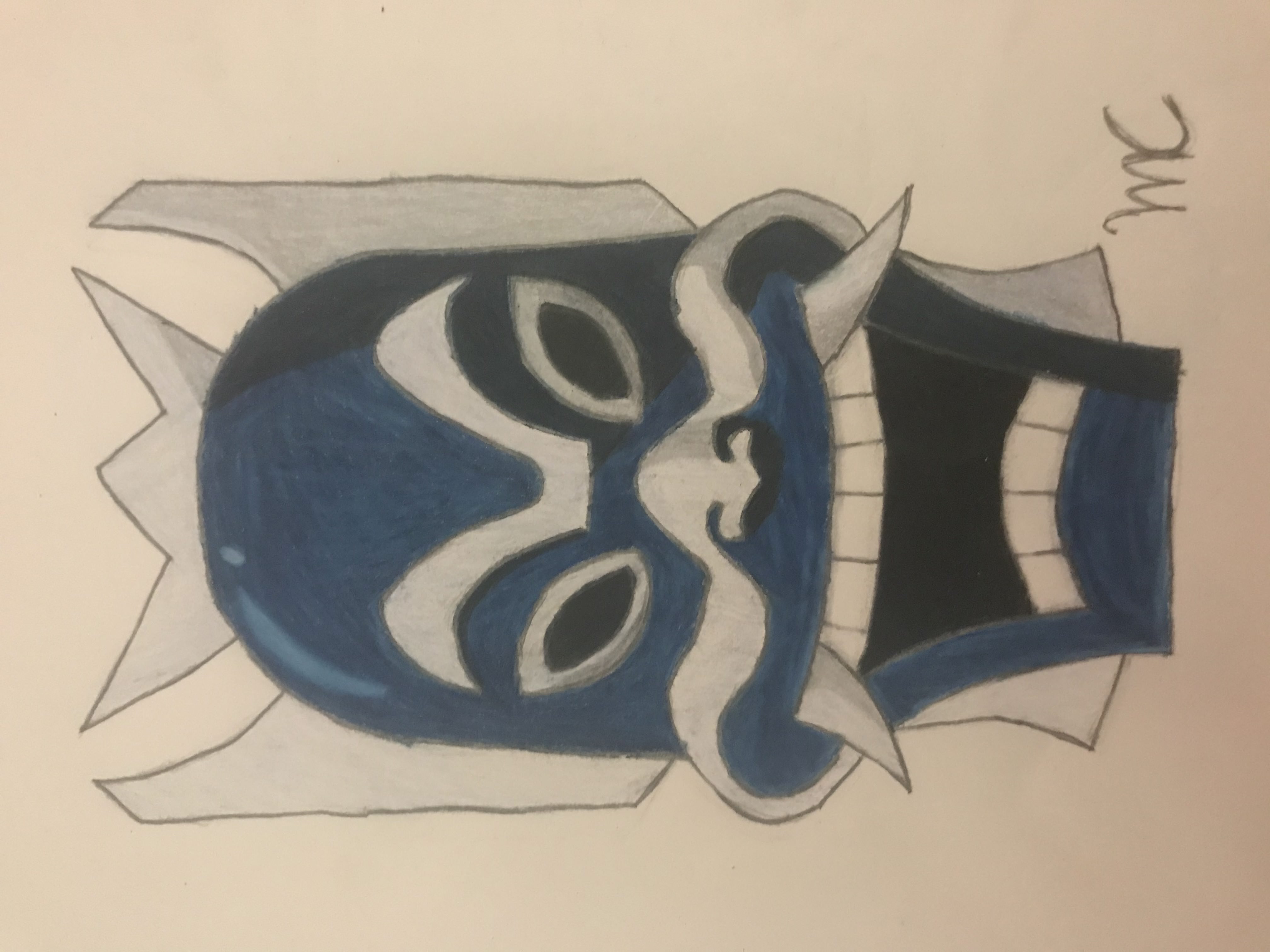 a pencil drawing of the Blue Spirit mask from Avatar the Last Airbender